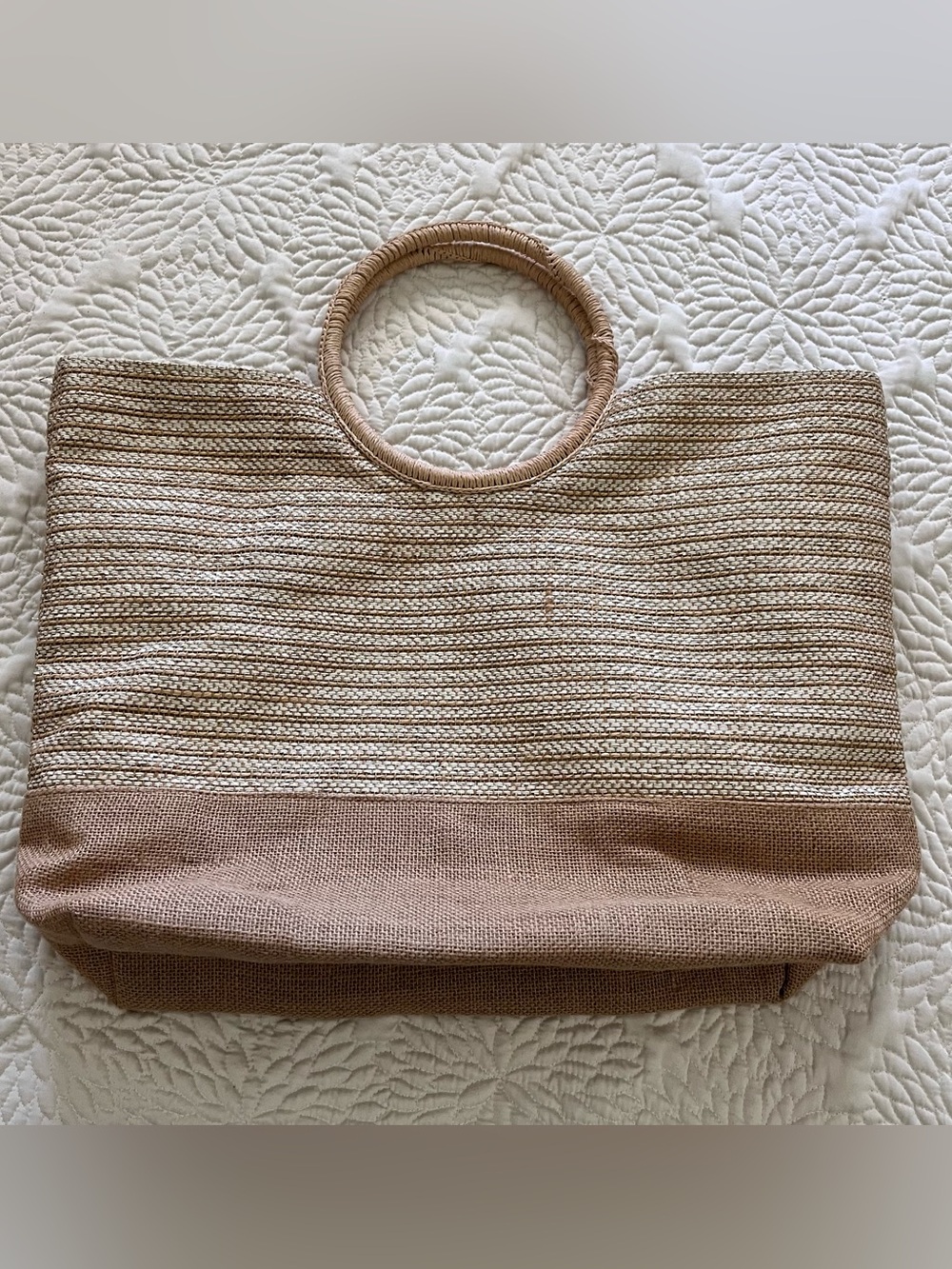 Neutral Woven Circle-Handle Tote Bag - Picture 5 of 13